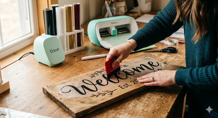 Permanent vinyl on wood cutting board with white lettering applied using a Cricut machine and transfer tape