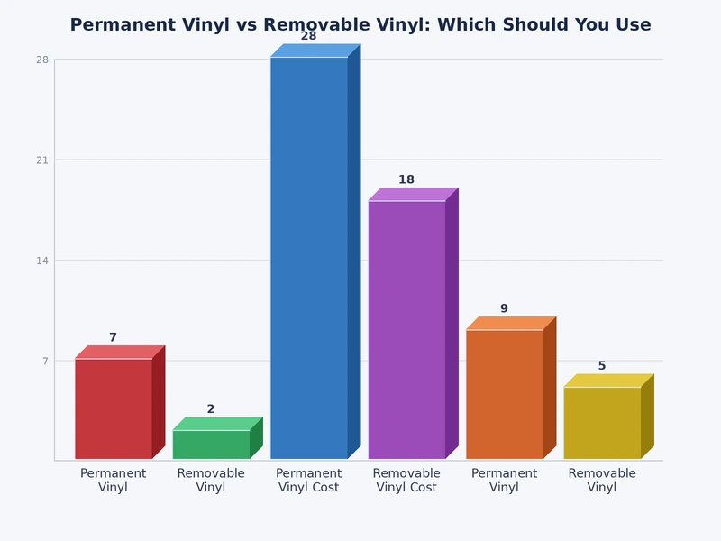 comparison chart of permanent vinyl vs removable vinyl showing adhesion strength durability outdoor rating and best surface types