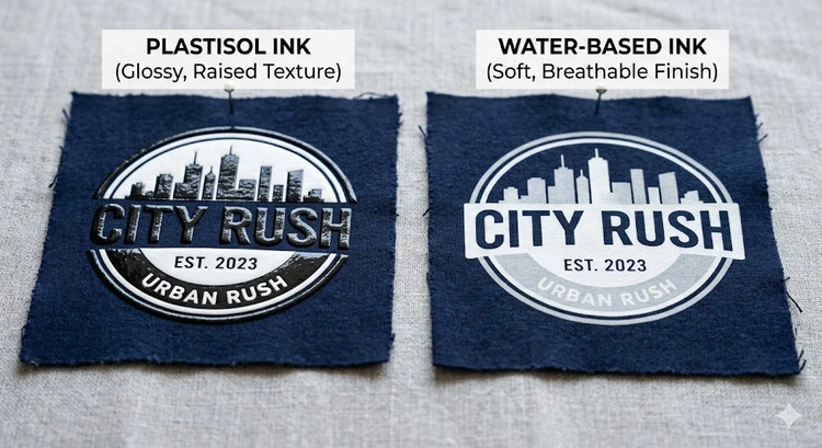 plastisol vs water based ink screen printing side by side comparison on garments