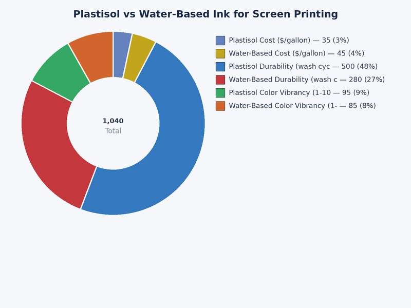 comparison chart showing plastisol vs water-based ink screen printing performance across key metrics