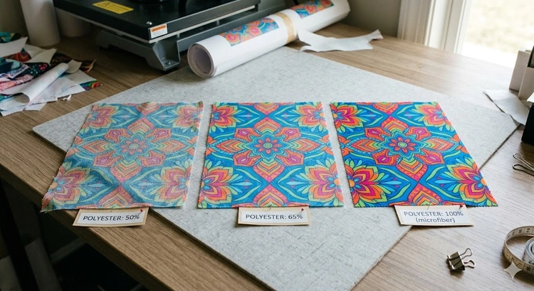 polyester percentage for sublimation fabric swatches showing color density at 100%, 65%, and 35% blend ratios