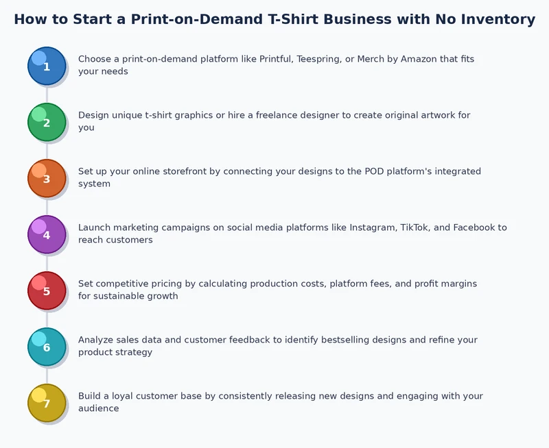 Print on demand t-shirt business process diagram from design upload to customer fulfillment and shipment