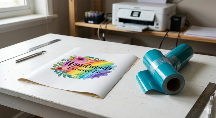 Printable vinyl sheet beside rolls of regular adhesive vinyl showing the surface and material differences