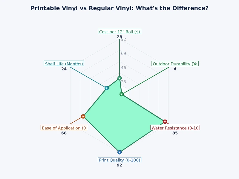 Comparison chart of printable vinyl vs regular vinyl across durability, color capability, cost, and equipment requirements