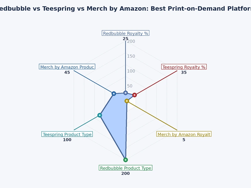 Chart comparing royalty rates, traffic sources, and product range for Redbubble, Spring, and Merch by Amazon