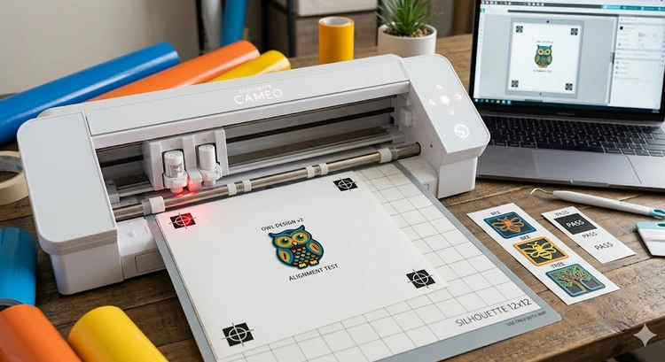 Registration marks vinyl cutting setup for precise multi-color layered design alignment