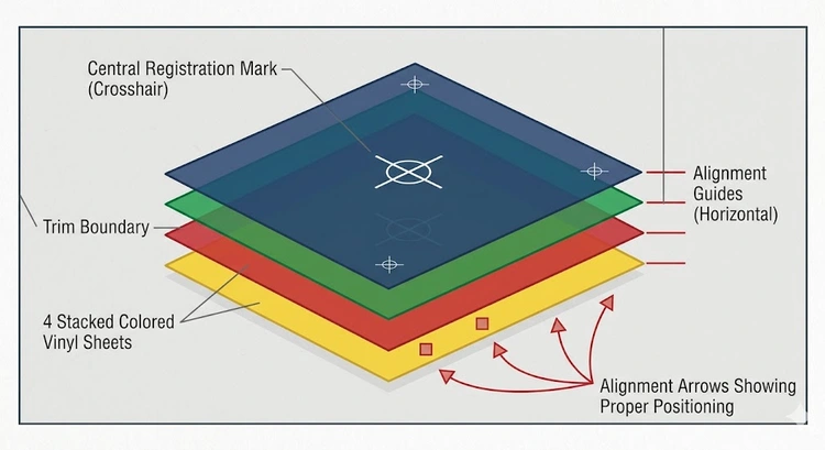 Infographic illustrating registration marks vinyl cutting workflow for three-color layered vinyl project assembly