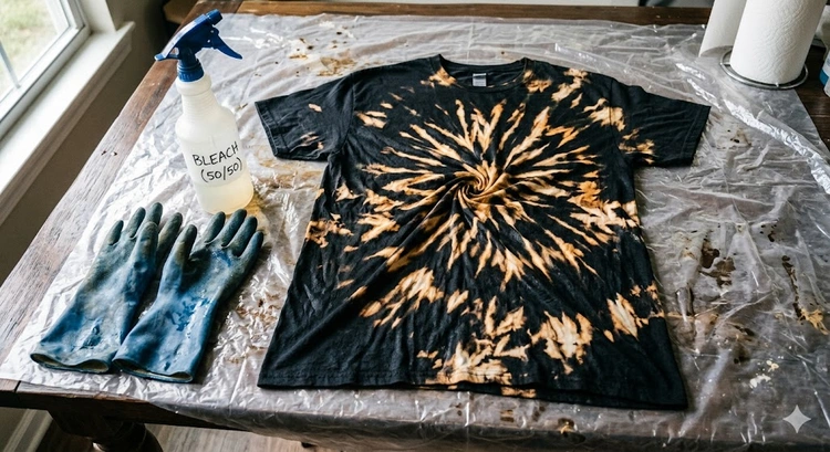 Reverse tie dye black shirt showing bleached spiral pattern with warm orange tones on dark cotton fabric