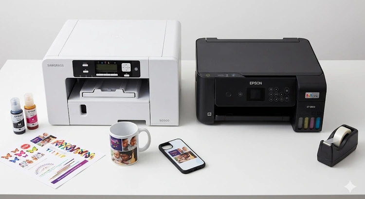 Sawgrass vs Epson sublimation printer comparison on a crafting workstation