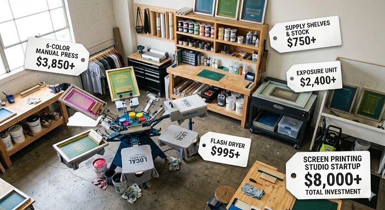 screen printing business startup costs equipment layout showing press screens squeegees and ink supply
