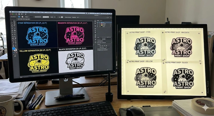 screen printing color separation beginner layout showing four separated color film positives on a lightbox