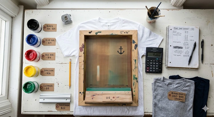 Screen printing cost breakdown showing screens, squeegees, ink, and garments on a production table
