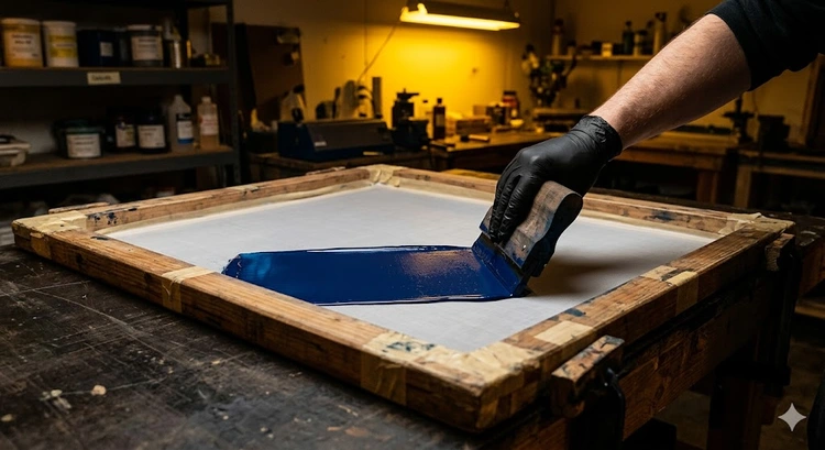 Screen printing emulsion guide showing freshly coated mesh screen drying before UV exposure