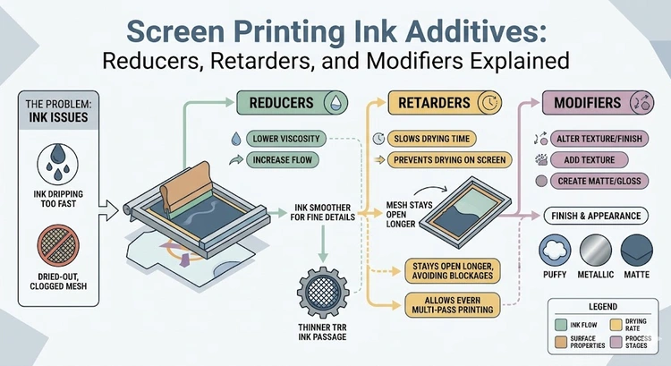Infographic showing how screen printing ink additives affect viscosity open time and hand feel with labeled callouts