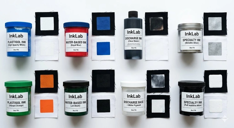 Types of screen printing ink including plastisol, water-based, discharge, and specialty inks on a print shop workbench