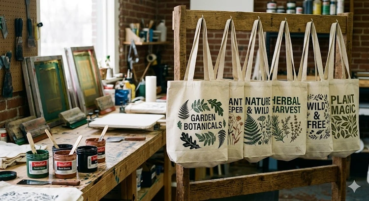 Screen printing on canvas tote bags using water-based ink and a squeegee on a flat printing platen