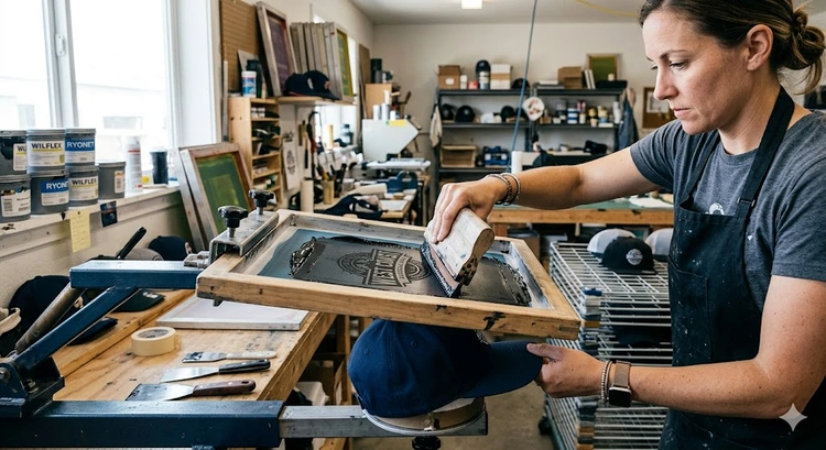 how to screen print on hats with a hat platen mounted on a press for curved surface printing