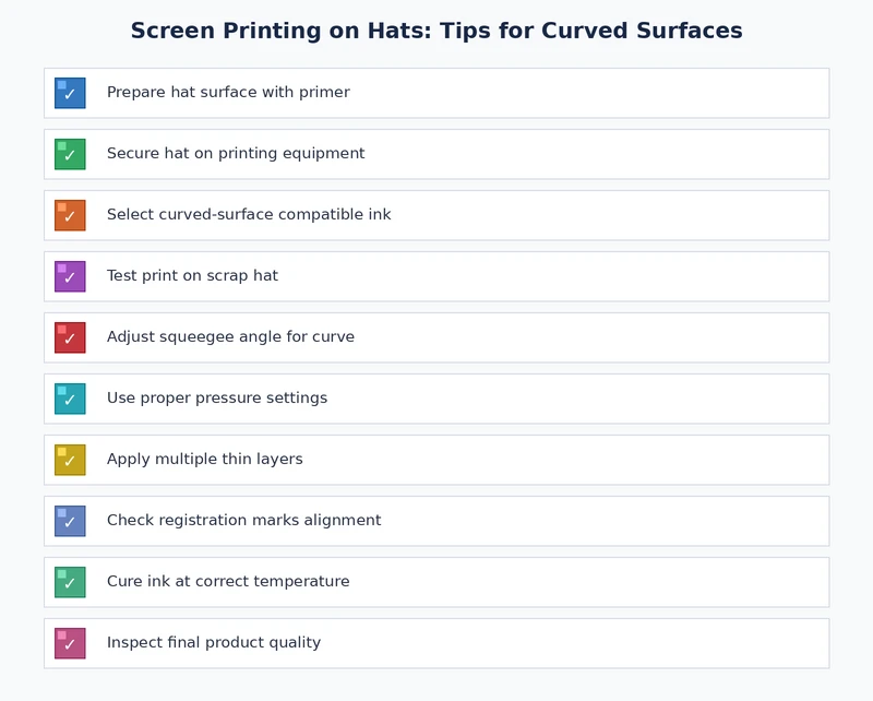 hat screen printing checklist covering setup steps tools and quality checks for curved surface printing