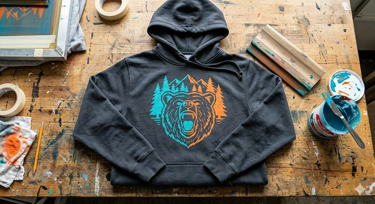 screen printing on hoodies using a squeegee to push plastisol ink through a mesh screen
