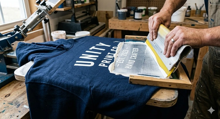 Screen printing on hoodies with a squeegee pressing ink through mesh onto thick fleece fabric