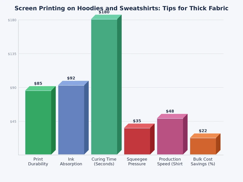 Bar chart comparing cure temperatures and dwell times for different ink types used in screen printing on hoodies