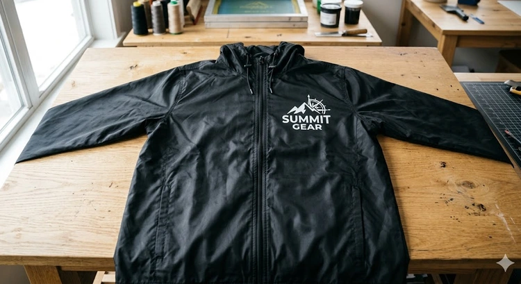 Screen printing on nylon fabric showing ink adhesion on ripstop synthetic material