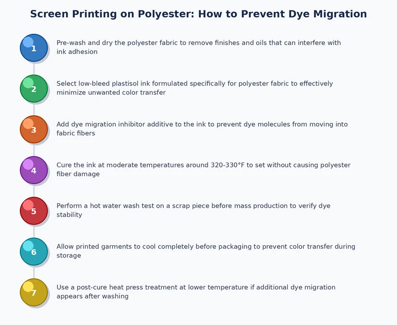 Process diagram for screen printing on polyester showing dye migration prevention steps from fabric prep through curing