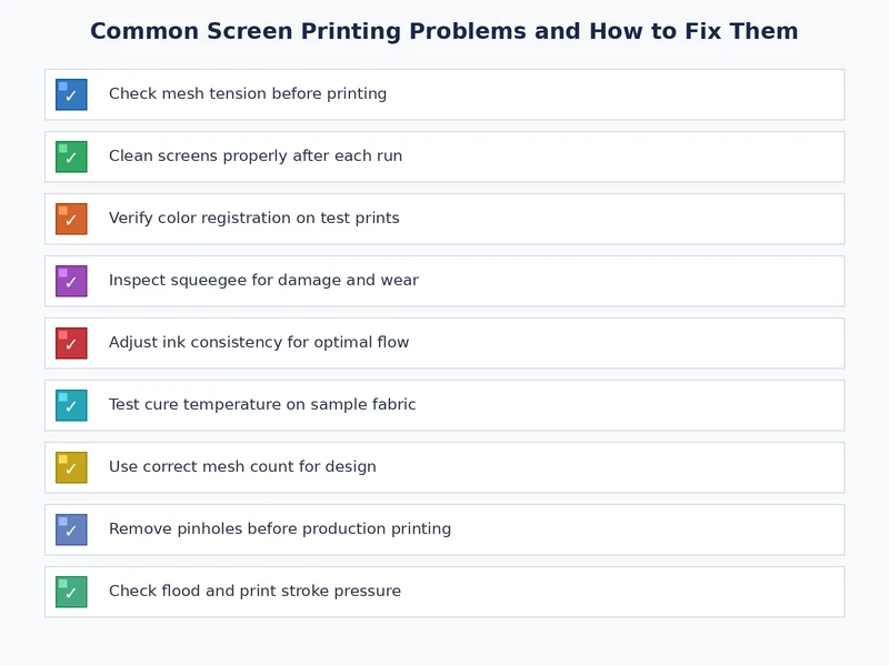 Screen printing problem prevention checklist for setup and quality control