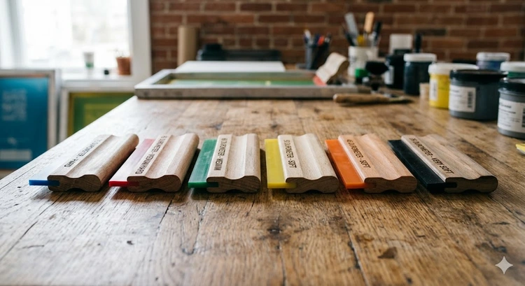 Screen printing squeegee durometer angle positioning on mesh screen with plastisol ink