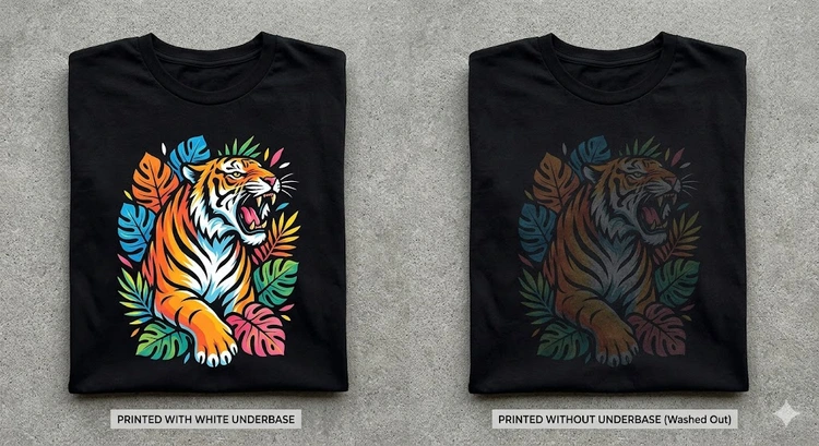 Screen printing underbase technique applied to dark shirts showing white base layer before color overprint