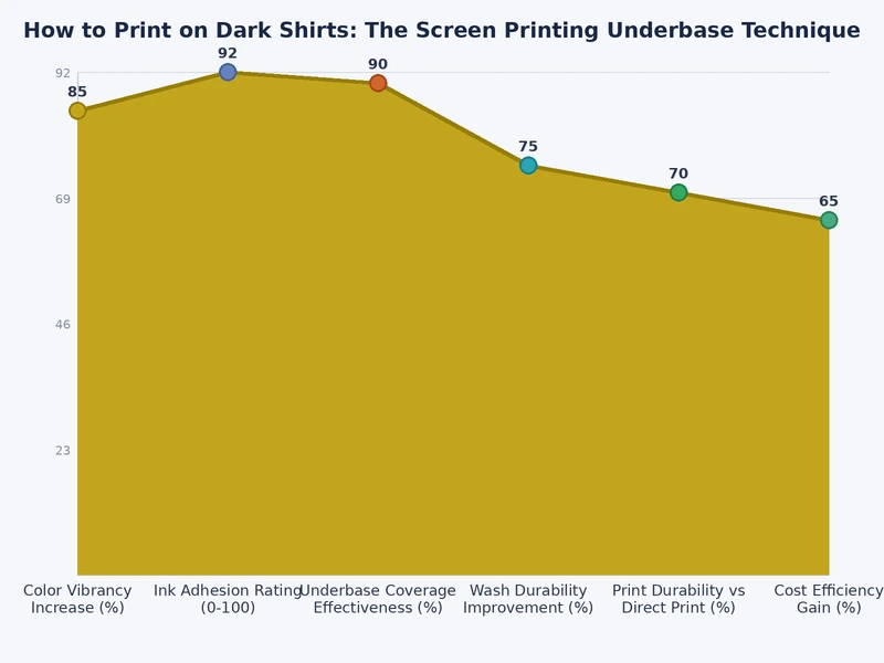 Chart comparing screen printing underbase methods by opacity, hand feel, and production complexity on dark shirts