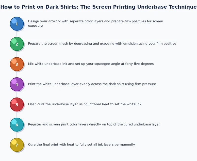 Process diagram showing screen printing underbase workflow on dark shirts: underbase layer, flash cure, color overprint sequence