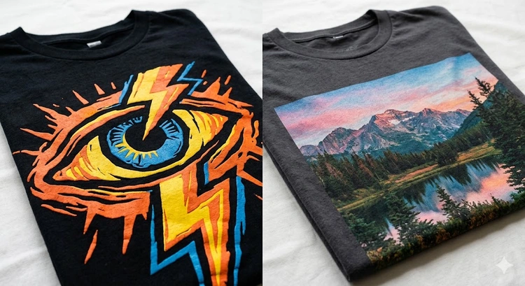 Screen printing vs digital printing comparison on cotton t-shirts showing ink opacity and detail differences