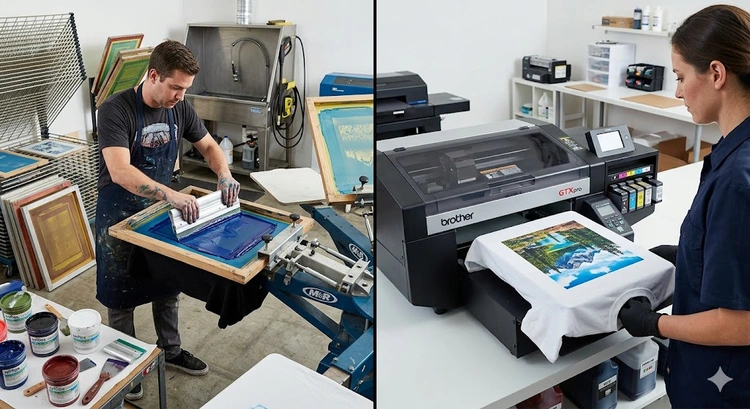 screen printing vs dtg printing comparison showing printed shirts from each method