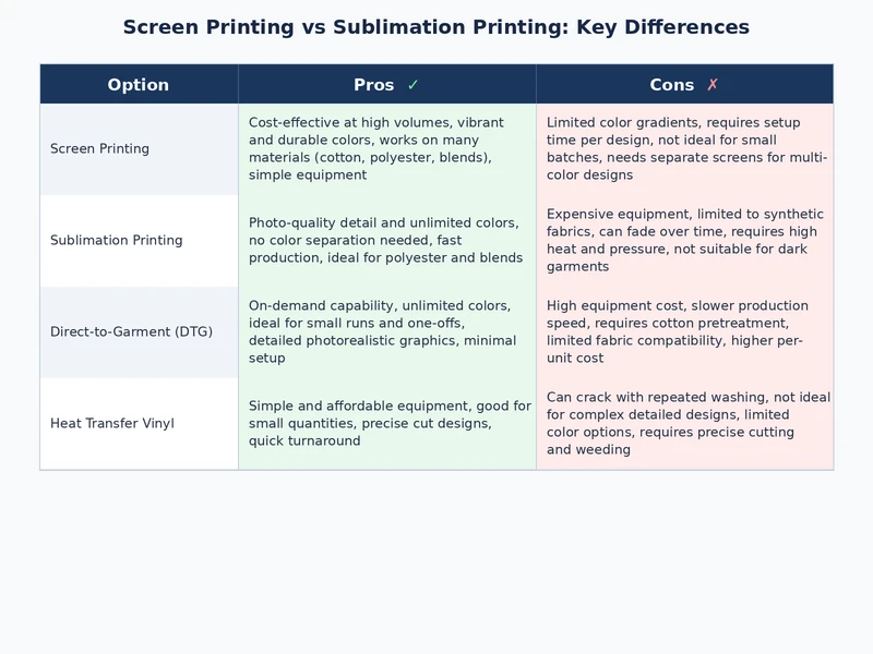 Screen printing vs sublimation printing equipment and cost comparison table