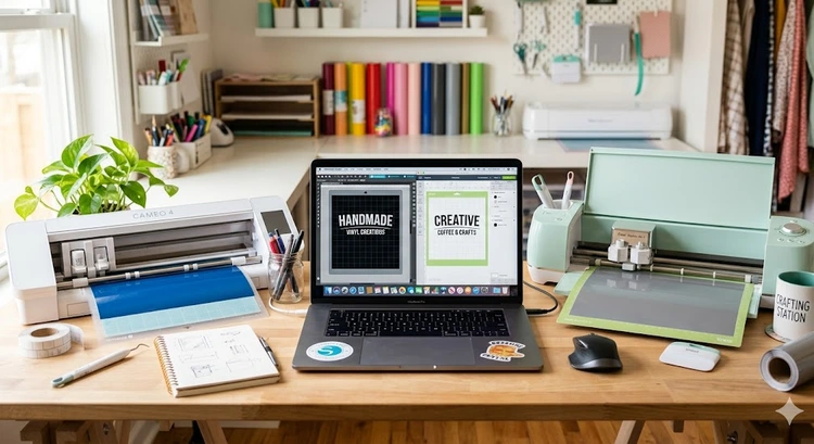 Silhouette Studio vs Cricut Design Space software interfaces shown side by side on laptop screens