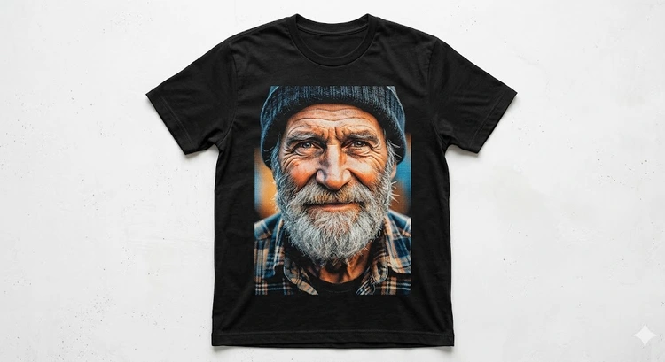 simulated process color screen printing setup showing multiple ink stations and halftone detail on dark garment