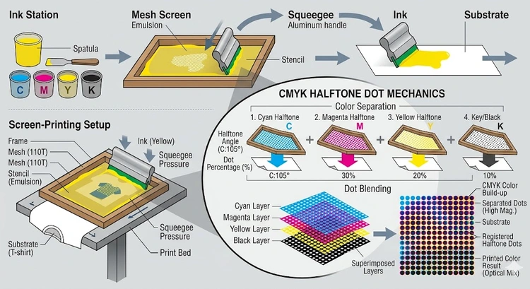 simulated process color screen printing workflow infographic showing separation, exposure, underbase, color channels, and cure stages