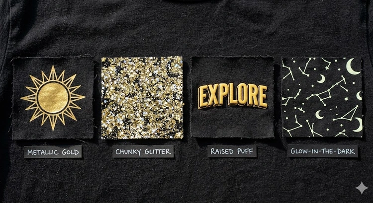specialty screen printing inks metallic glitter puff and glow-in-the-dark printed on dark fabric swatches