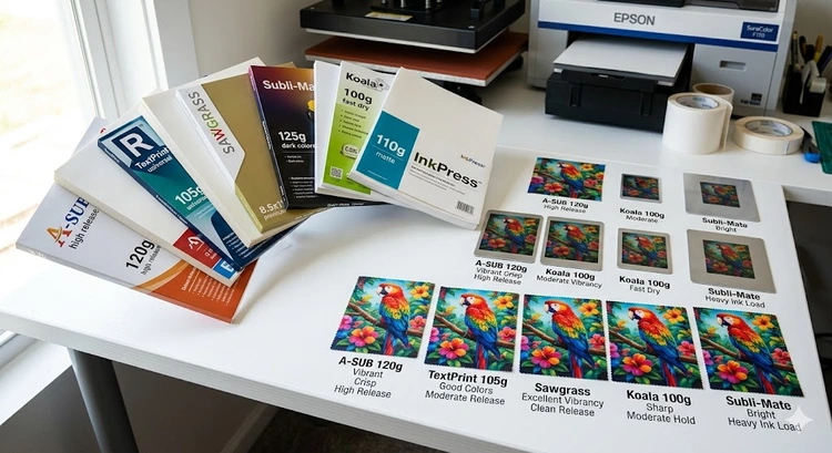 Types of sublimation paper arranged on a work surface showing standard, tacky, and high-release options