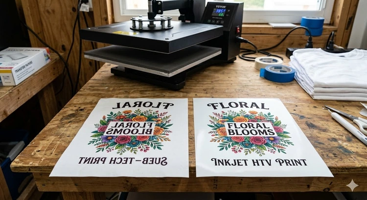 Sublimation paper vs heat transfer paper comparison laid flat on a heat press platen