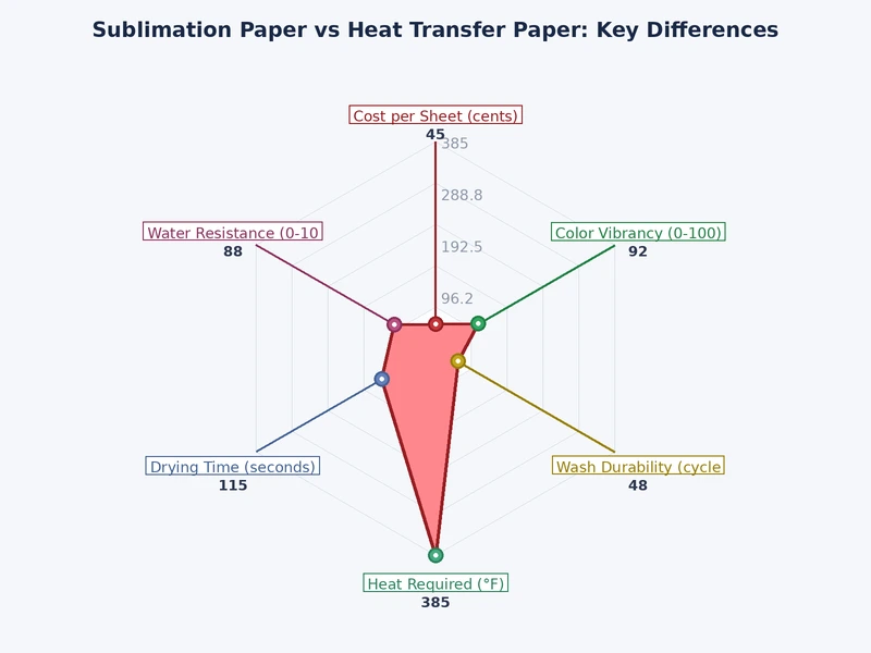 Bar chart comparing sublimation paper vs heat transfer paper across wash durability, color vibrancy, substrate range, and cost metrics
