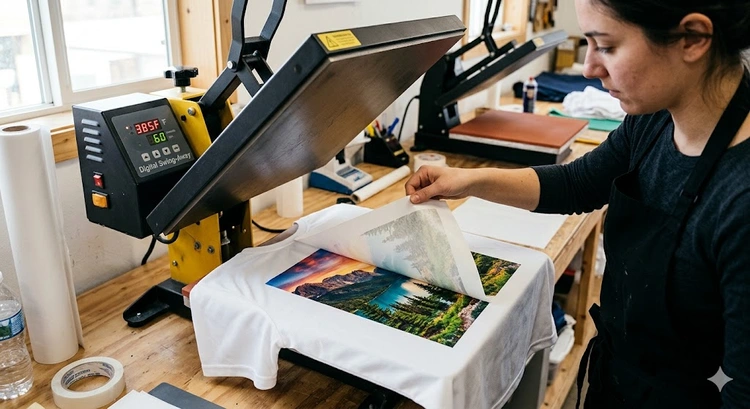 sublimation printing on t-shirts at home with heat press, transfer paper, and polyester blank