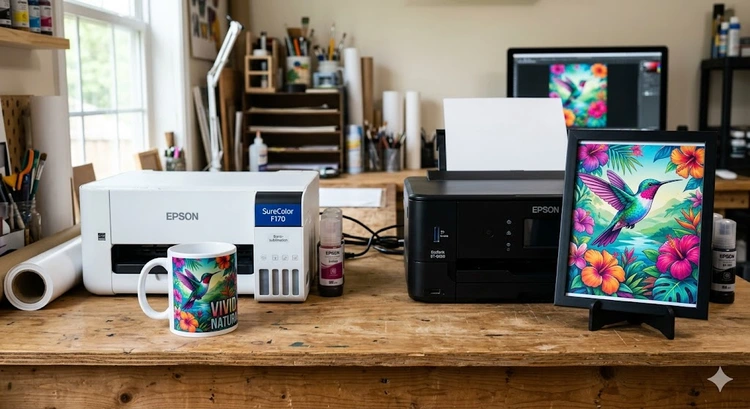 sublimation printing vs inkjet setup with heat press and inkjet printer side by side