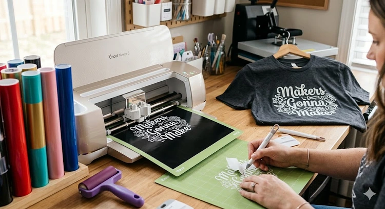 t-shirt printing business equipment laid out on a work table including heat press, vinyl cutter, and blanks