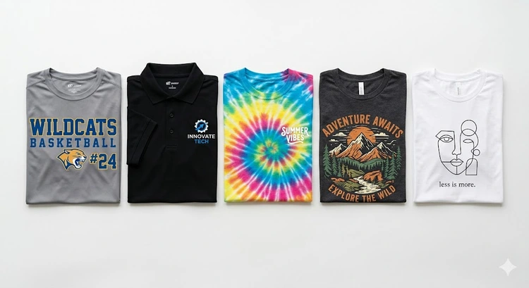 t-shirt printing portfolio laid out with printed samples and design mockups on a work table