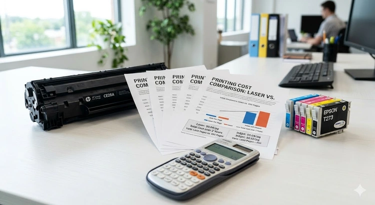 Toner cartridge and ink cartridge side by side illustrating toner vs ink cost per page difference