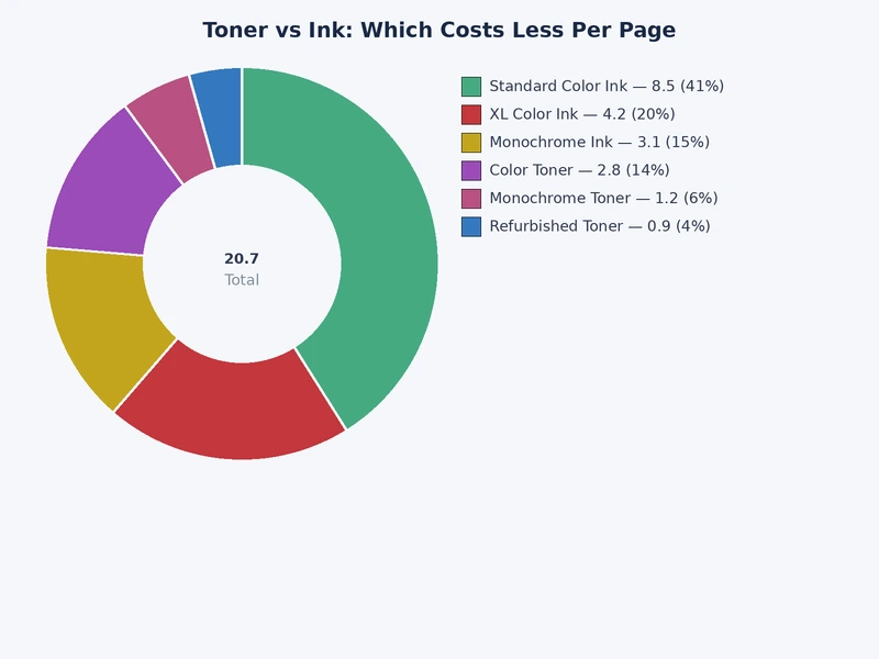 Bar chart comparing average toner vs ink cost per page across home, home office, and business printer categories
