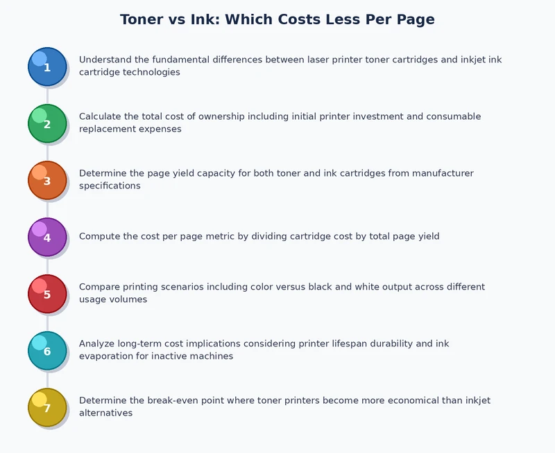 Step-by-step process diagram for calculating toner vs ink cost per page using the CPP formula