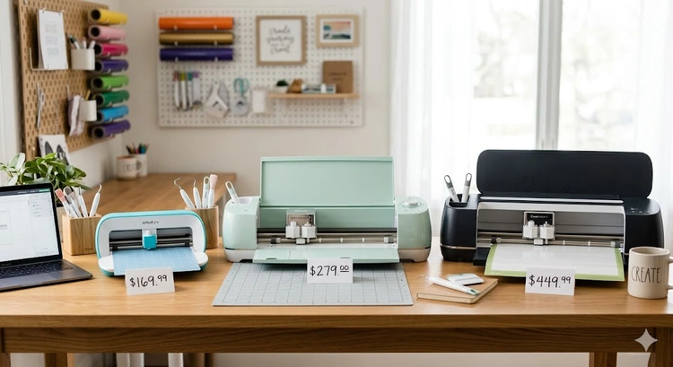 vinyl cutting machine cost comparison showing cricut silhouette and brother models on a craft table